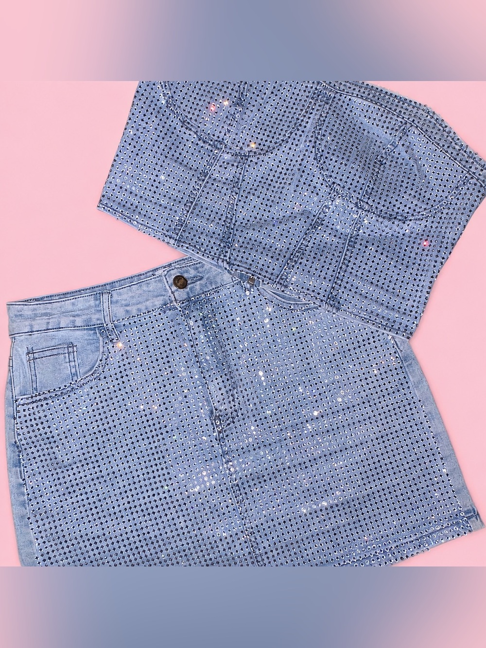 LA Girl Light Blue Denim Sequins 2 Piece Set